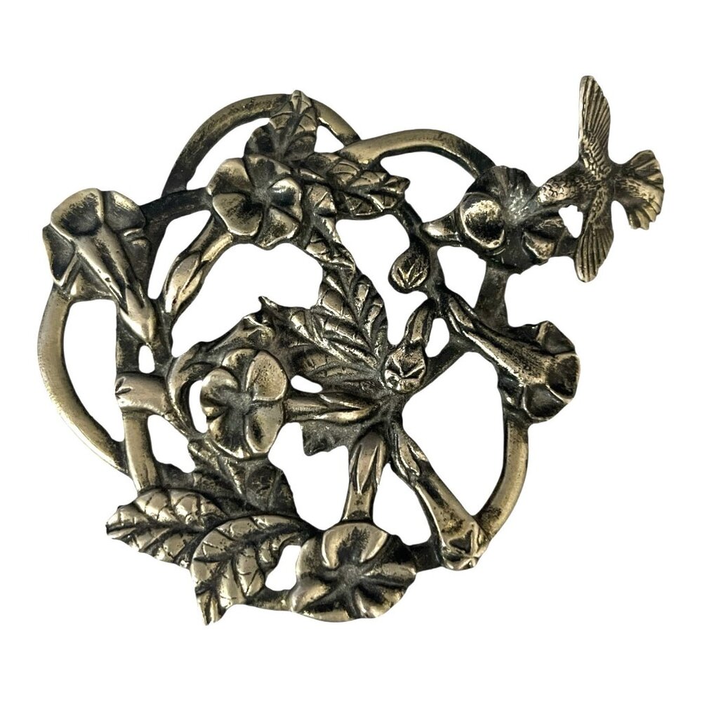 Vtg Metzke Solid Brass Trivet – Signed 1986, Hummingbird & Morning Glory Design,